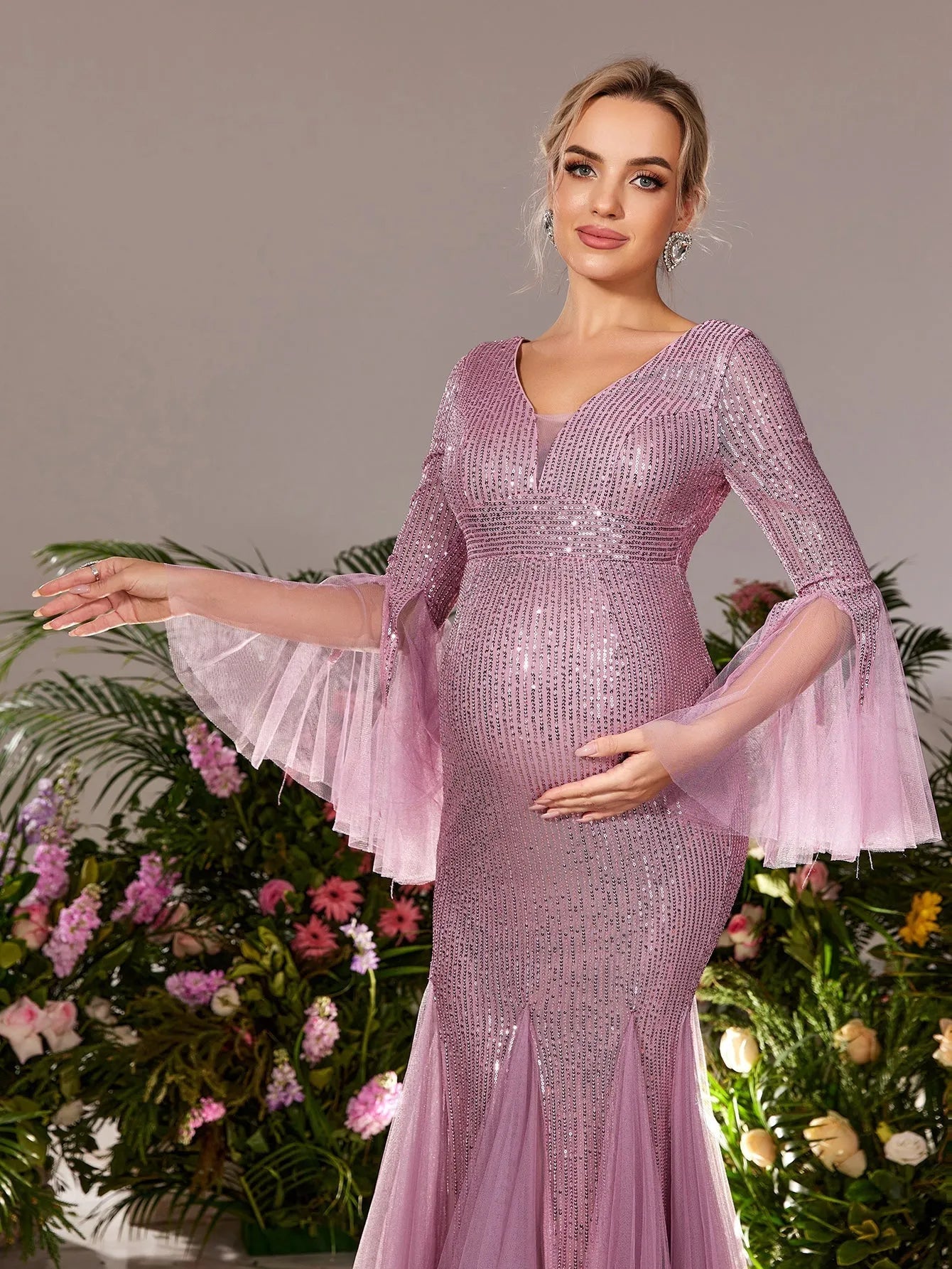 Maternity Plunging Sequin Long-Sleeve Mermaid Evening Gown — authorized product image 6