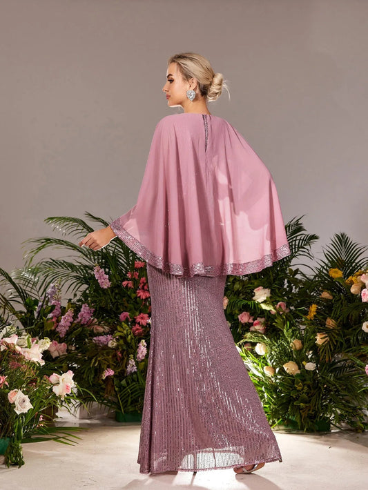 Maternity Round Neck Sequin Cape Mermaid Evening Gown — authorized product image 2