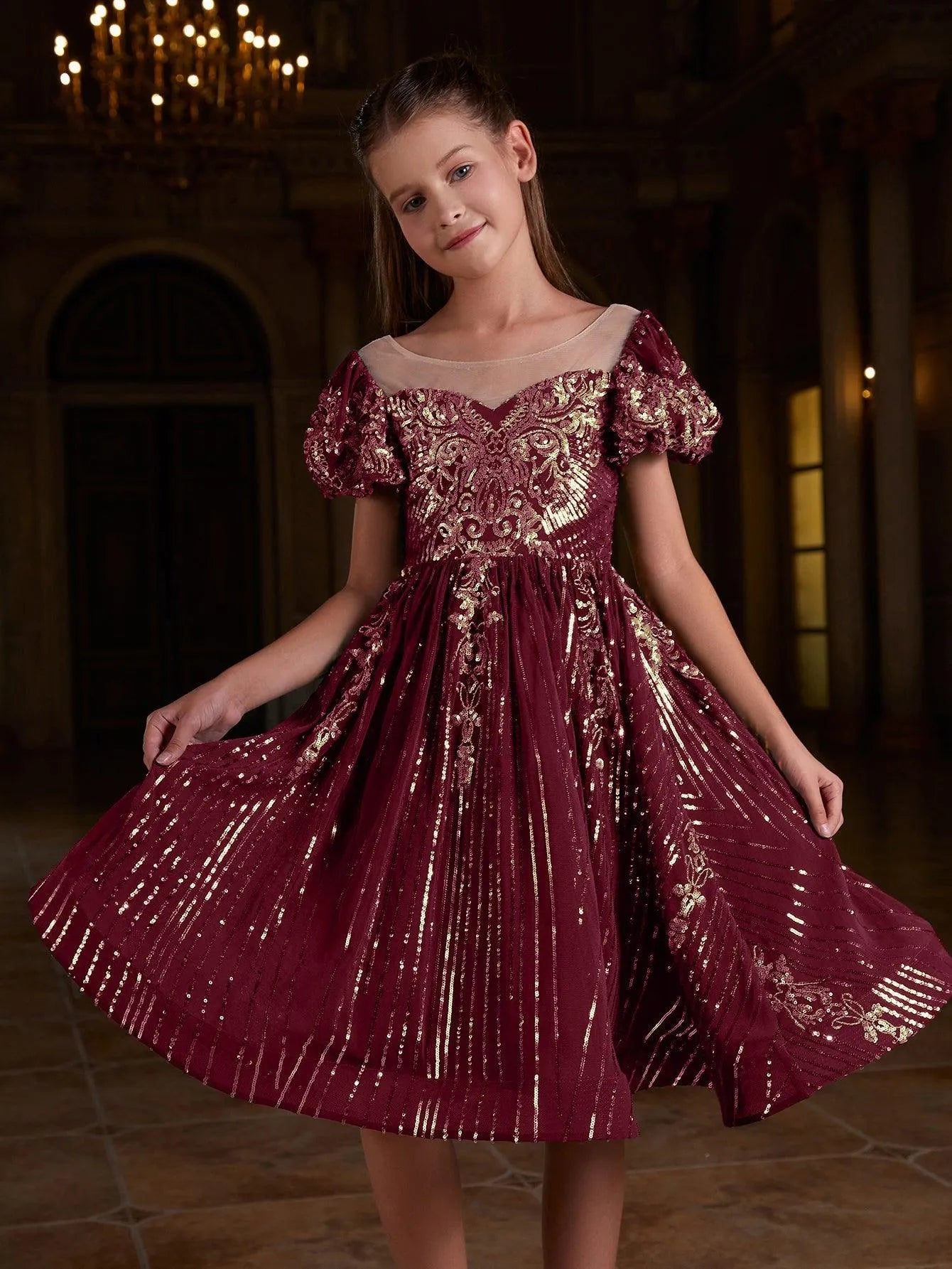 Additional product view of Puff-Sleeve Sequin A-Line Midi Tween Girls' Party Dress