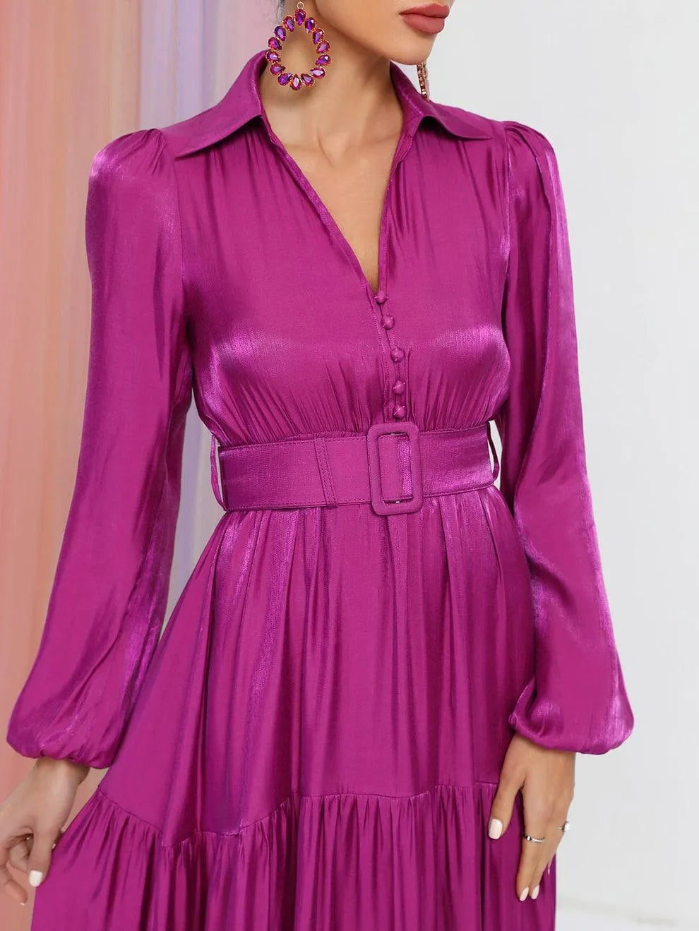 Additional product view of Belted Chiffon A-Line Long-Sleeve Maxi Evening Gown