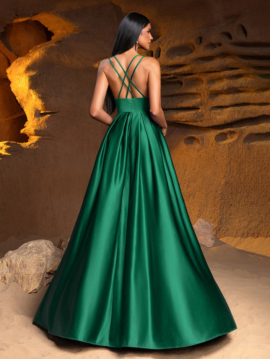 Plunging Neck Floor Length Satin Cami Party Dress – view 2