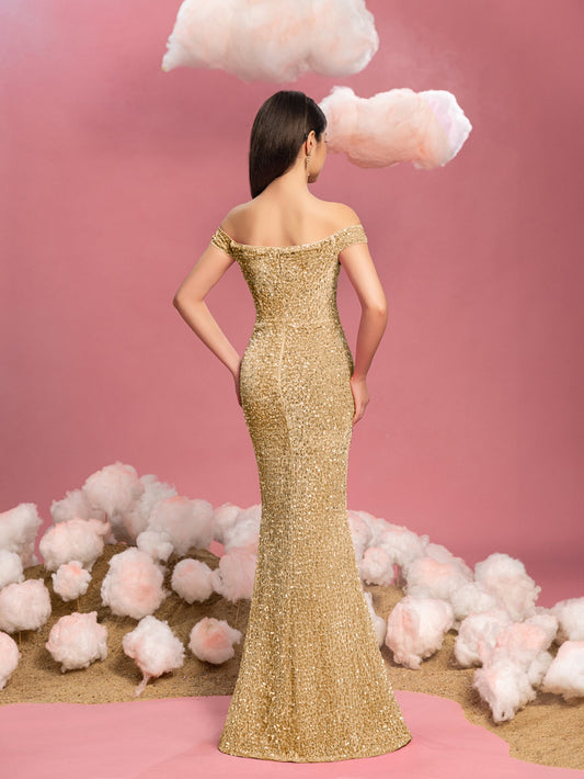 Additional product view of Mermaid Hem Off-Shoulder Sequin Short-Sleeve Maxi Teen Girls' Party Dress