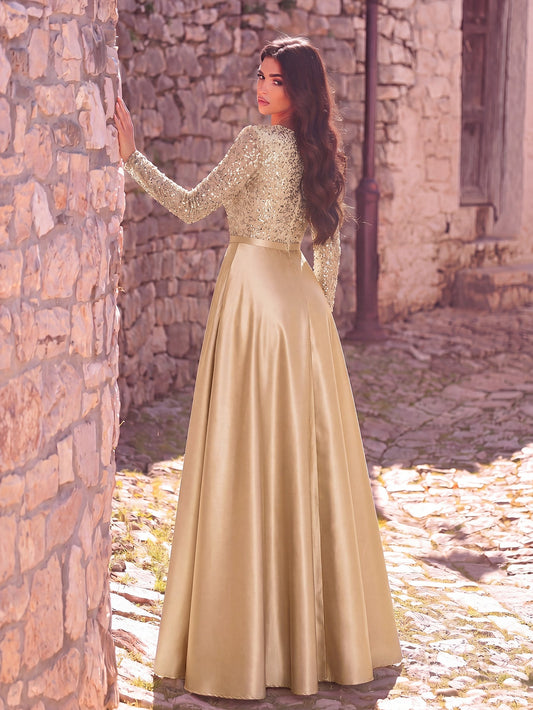 Elegant V-Neck Long Sleeve Evening Gown with Puffed Sleeve Detailing, Sequin Beaded Embellishments, Thin Waist Belt & Satin A-Line Skirt | Elegant Formal Dress for Special Occasions