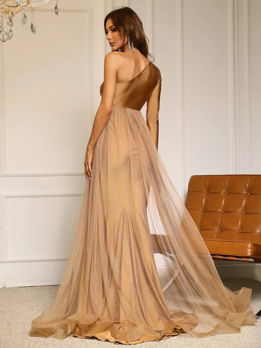 Additional product view of Contrast Mesh One-Shoulder Knit Cutout Mermaid Evening Gown
