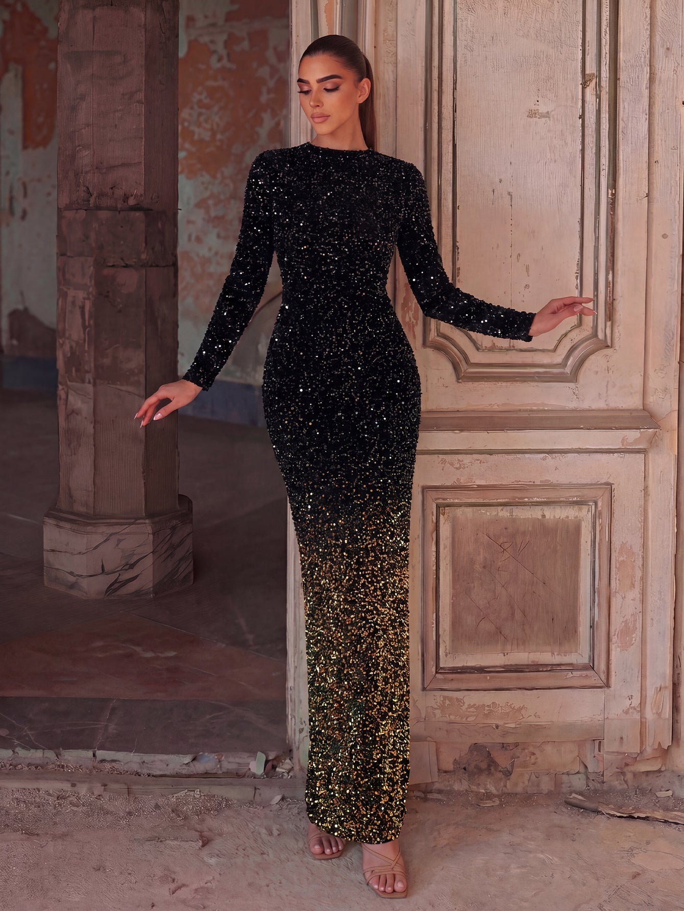 Additional product view of Split Hem Sequin Mermaid Long-Sleeve Maxi Evening Gown