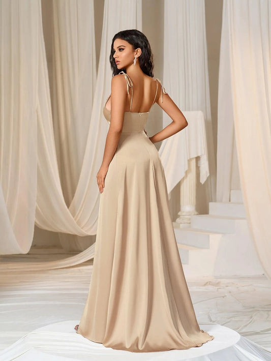 Elegant Tie Shoulder Satin Bridesmaid Dress – view 2