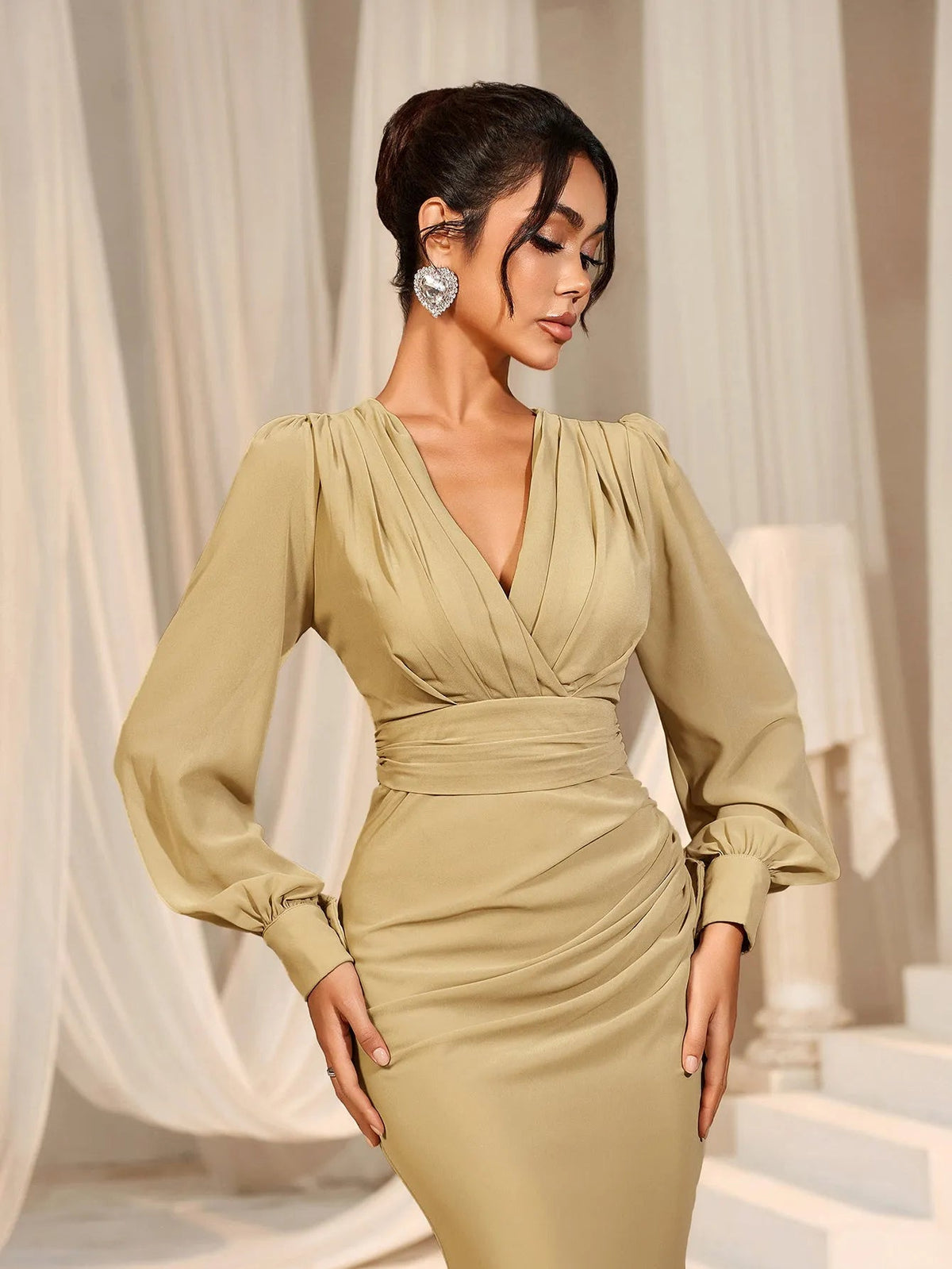 Additional product view of Surplice-Neck V-Neck Chiffon Mermaid Long-Sleeve Evening Gown