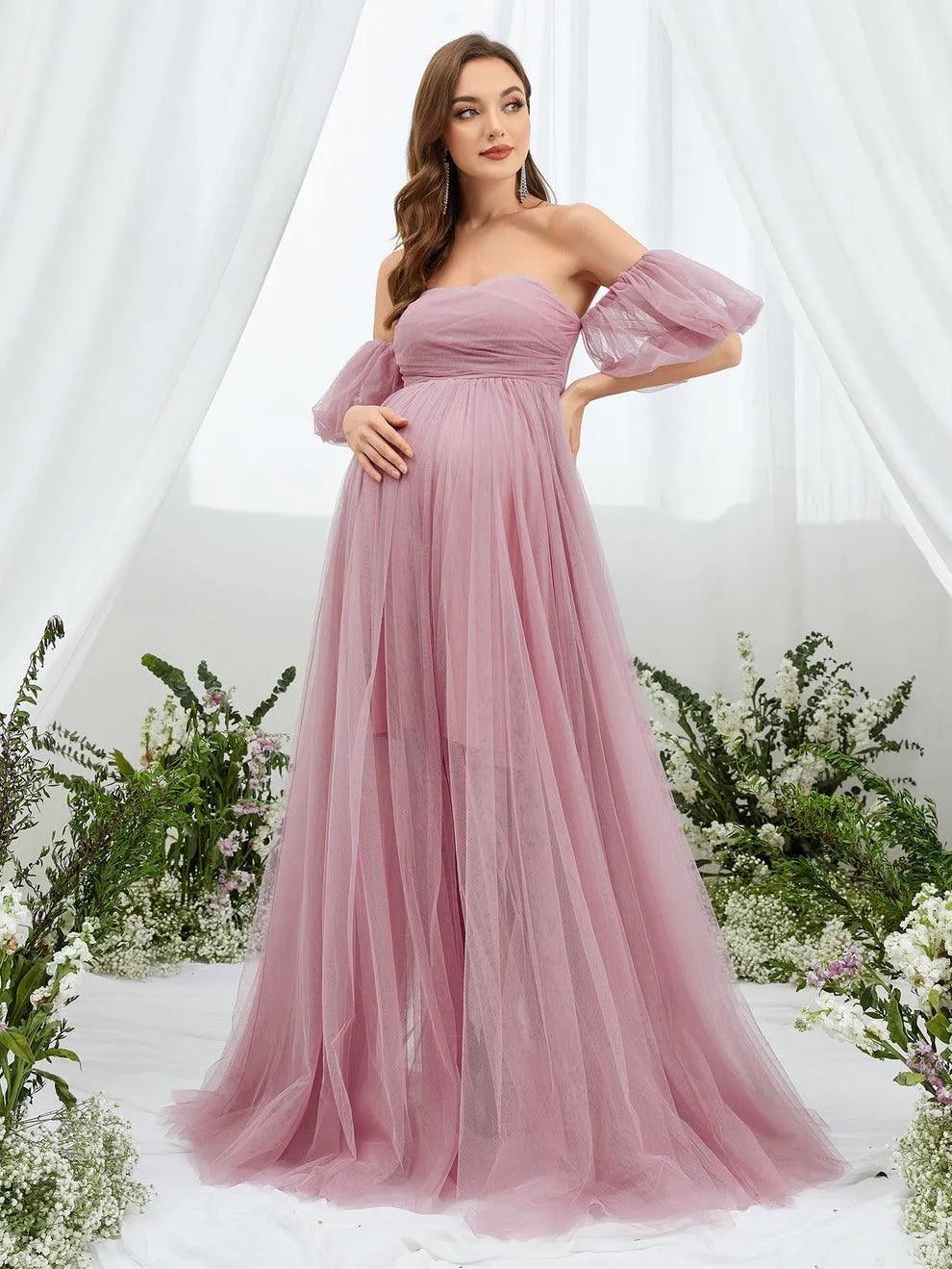 Additional product view of Mesh Overlay Puff-Sleeve Off-Shoulder A-Line Maxi Maternity Evening Dress
