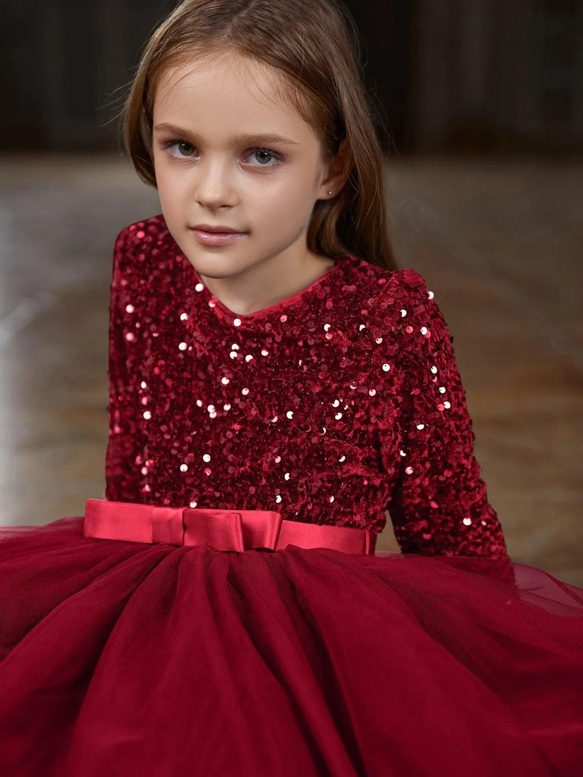 Additional product view of Sequin A-Line Long-Sleeve Mesh Maxi Tween Girls' Party Dress
