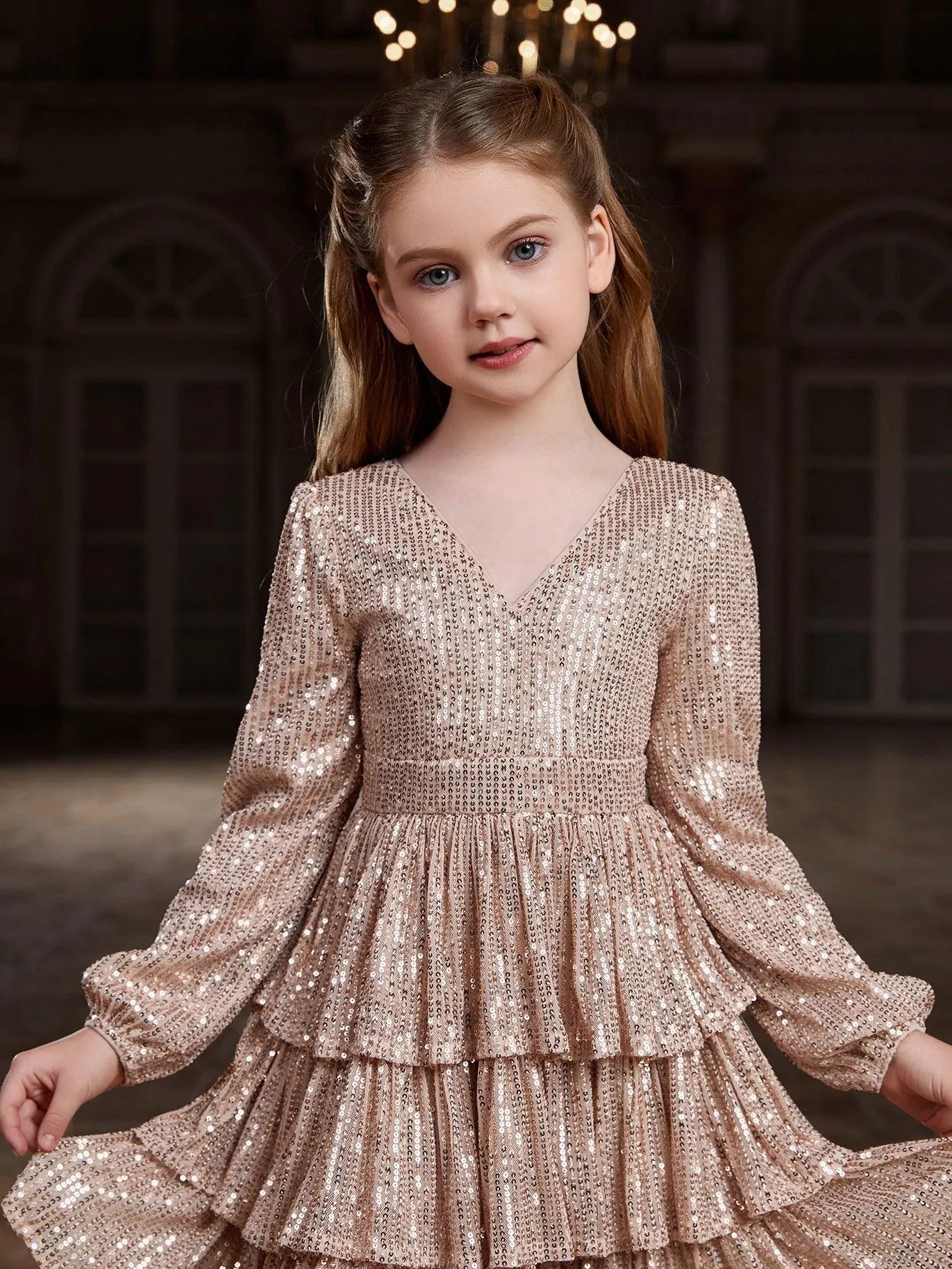 Tween Girls' V-Neck Sequin Long-Sleeve A-Line Formal Dress — authorized product image 6