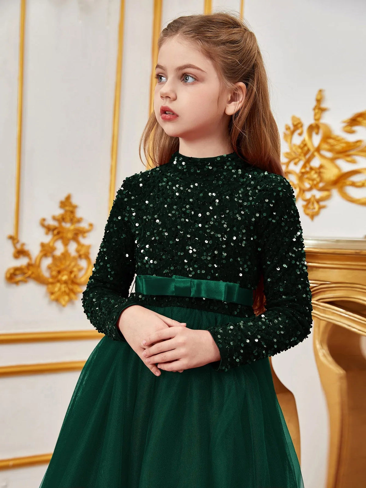 Additional product view of Bow Detail Mock-Neck Sequin A-Line Long-Sleeve Tween Girls' Party Dress