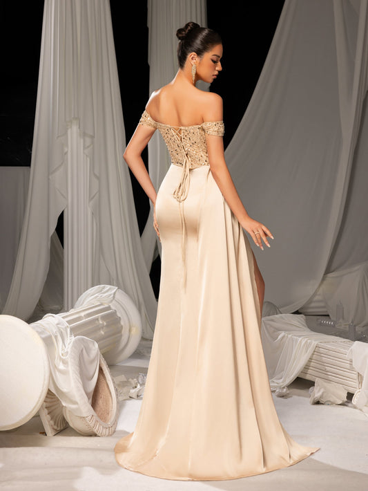Elegant Off-Shoulder Gown with High Slit & Beaded Bodice – Luxury Satin Evening Wear for Red Carpet, Formal Galas & Luxury Weddings, XS-XL