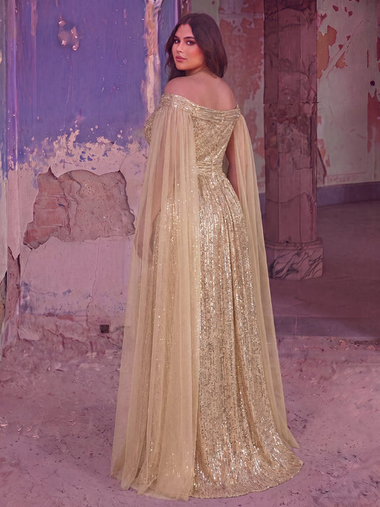 Plus Off-Shoulder Sequined Gown with Flowing Cape – Luxury Evening Wear for Weddings or Red Carpet Events, 1XL-5XL