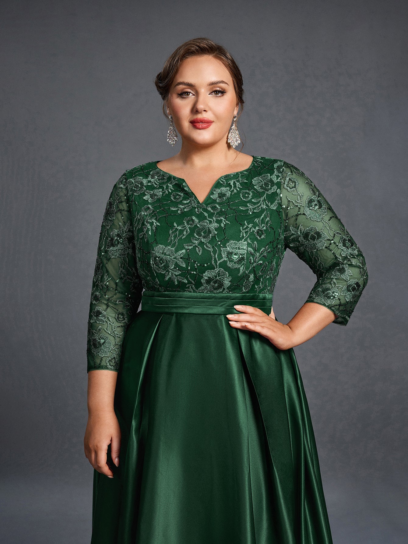 Additional product view of Plus-Size Satin V-Neck A-Line Sequin Mother-of-the-Bride Dress