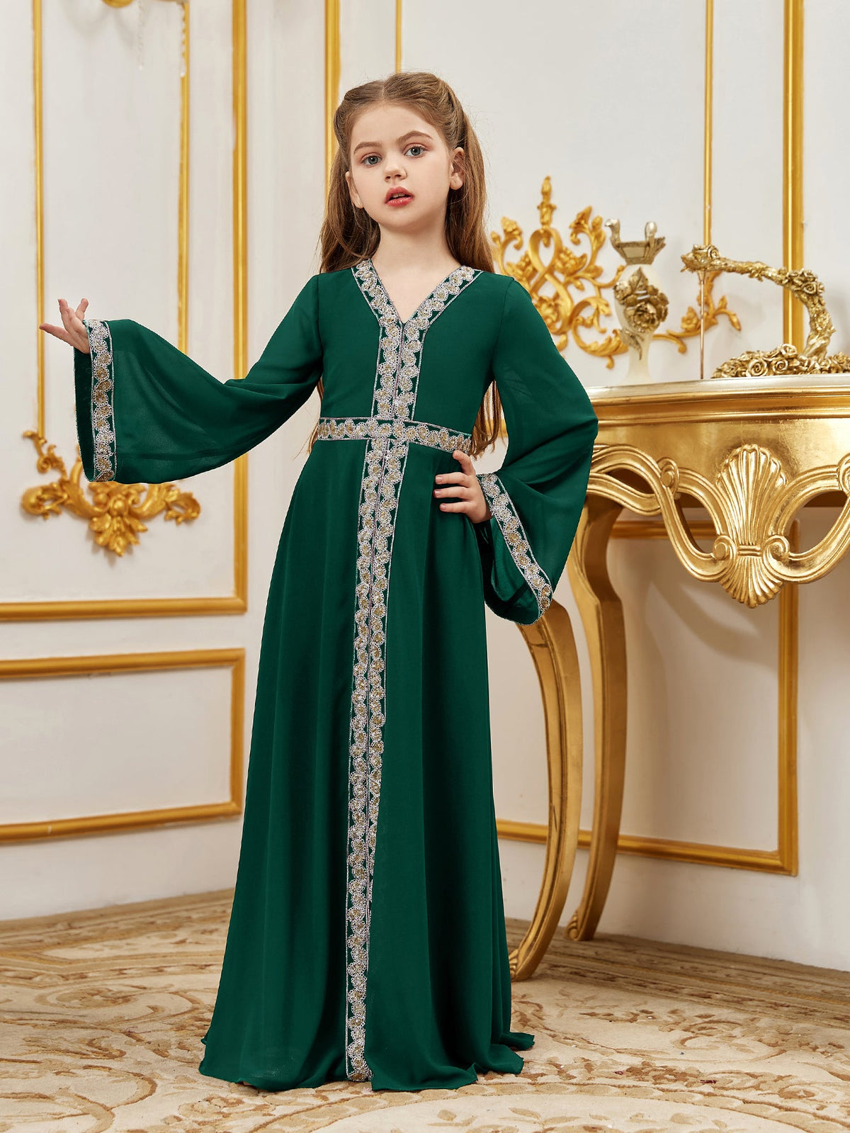 Tween Girls' Lace Trim Decoration V-neck Flare Sleeve Chiffon Party Dress — authorized product image 12