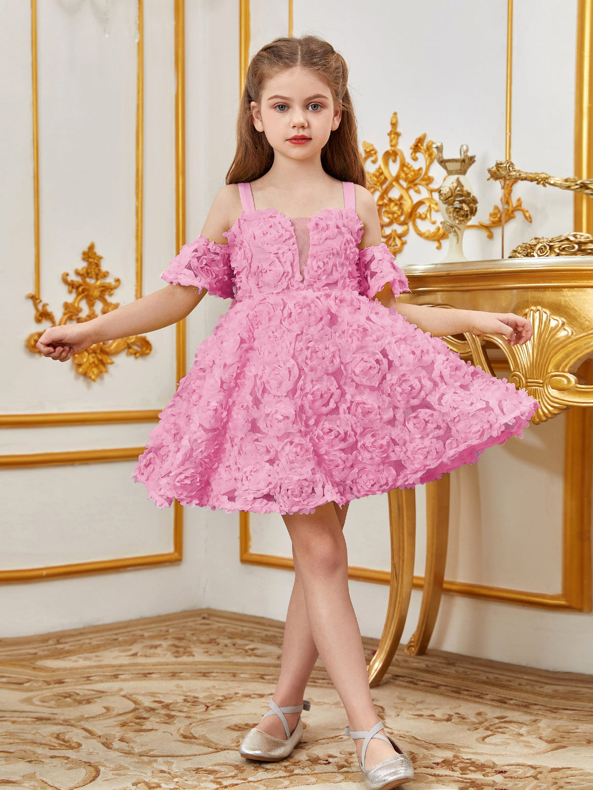 Additional product view of Floral Appliqué Cami Strap Off-Shoulder A-Line Short-Sleeve Tween Girls' Party Dress