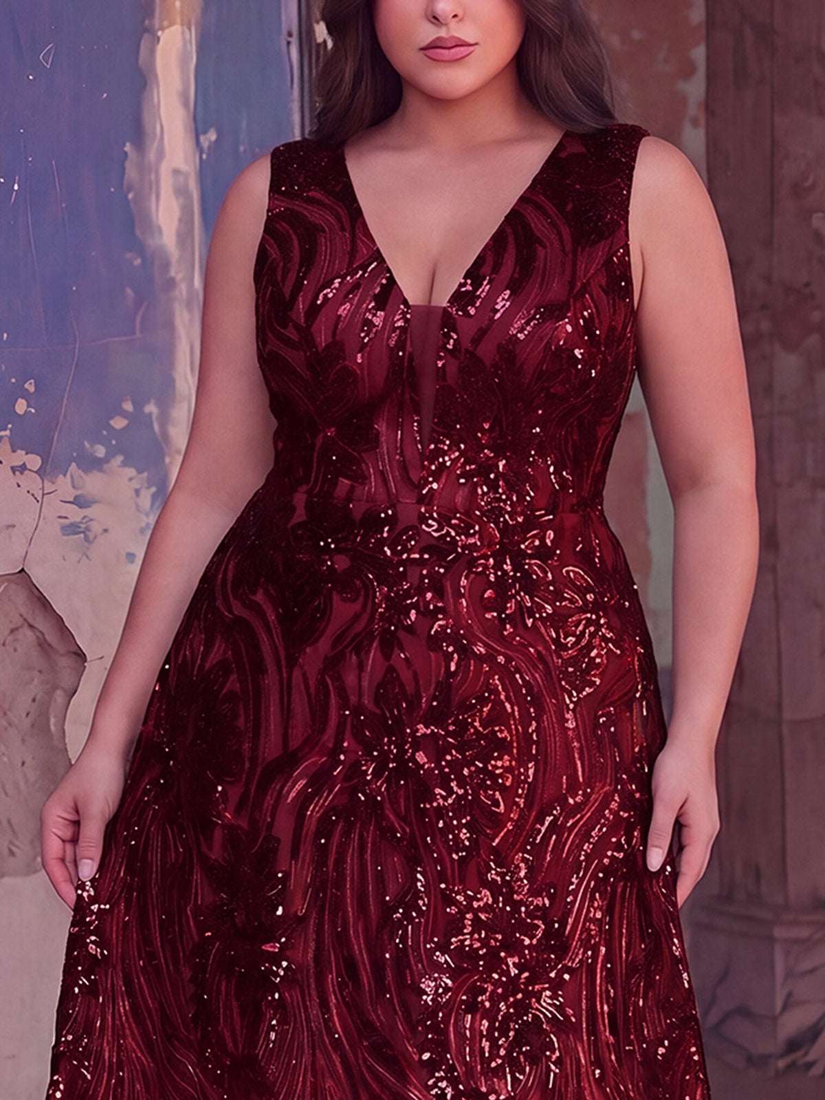 Plus Floral Sequin V Neck Sleeveless A-Line Formal Dress