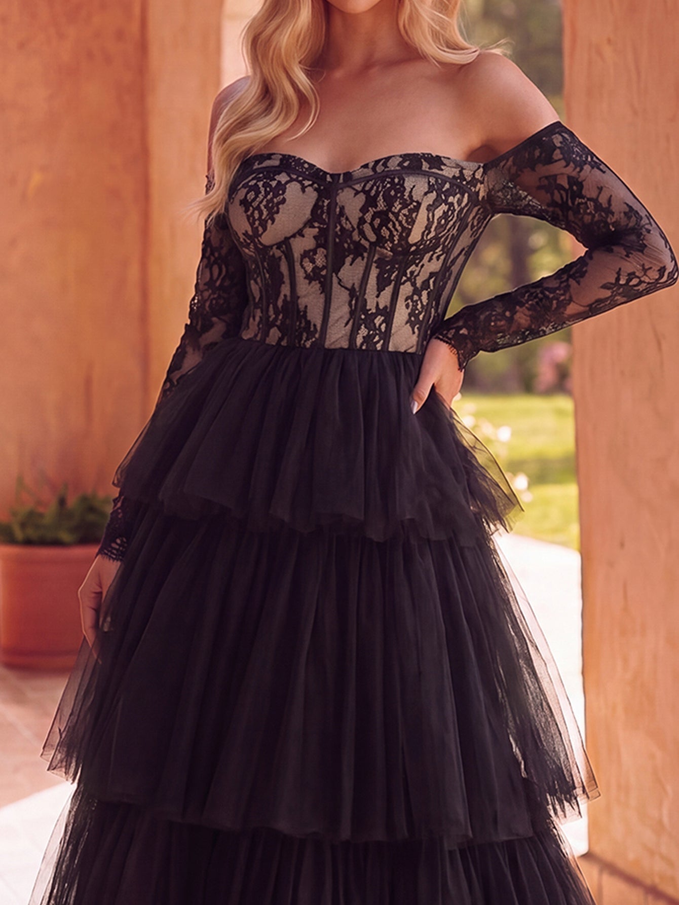 Off-Shoulder Lace Long-Sleeve A-Line Wedding Gown — authorized product image 4