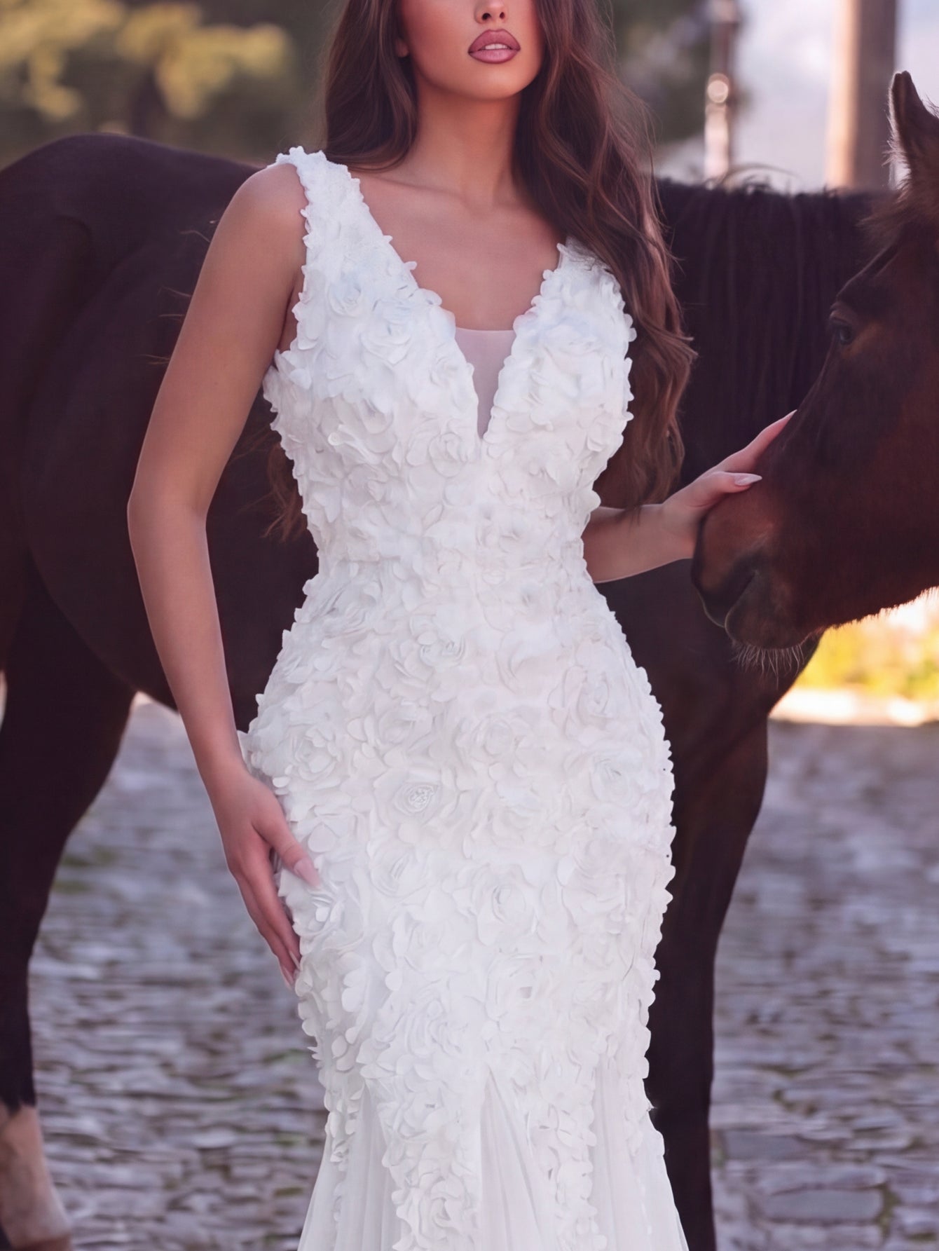 3D Floral Appliqué Tulle Maxi Dress | Halter Neck Mermaid Silhouette with Open Back & High Leg Slit | Evening Gown for Weddings, Parties, Prom