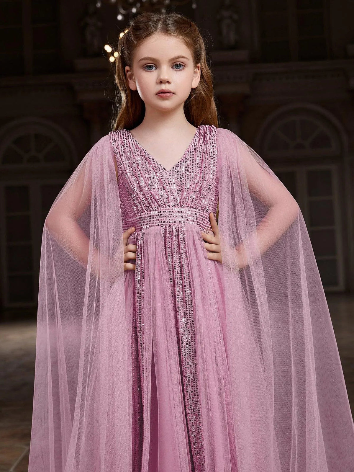 Additional product view of Contrast Mesh Cape-Sleeve V-Neck Sequin A-Line Tween Girls' Party Dress