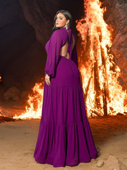 Plus Chiffon Mock Neck Evening Gown with Tiered Ruffles – Structured Maxi Dress for Gala Dinners, Awards Nights & Dramatic Events