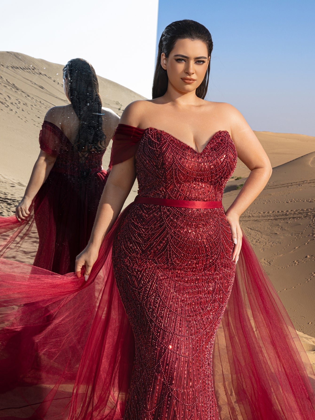 Plus-Size Strapless Tulle Sleeveless Mermaid Evening Gown — authorized product image 7