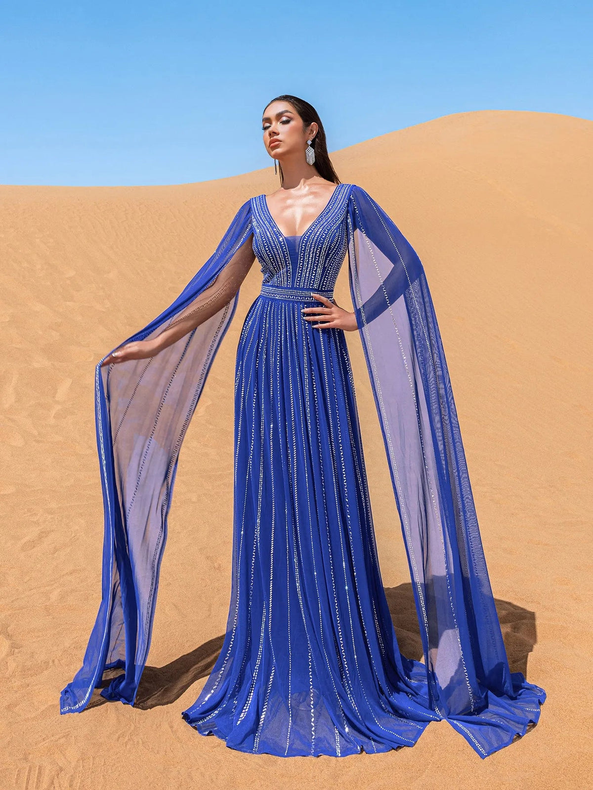 Luxury Gorgeous Rhinestone Detail Plunging Neck Cape Sleeves Formal Prom Dress – view 18
