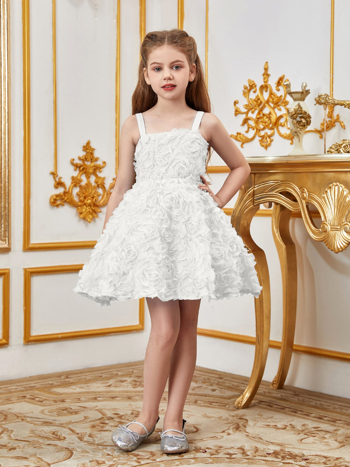 Additional product view of Floral Appliqué Cami Strap A-Line Sleeveless Mesh Tween Girls' Party Dress