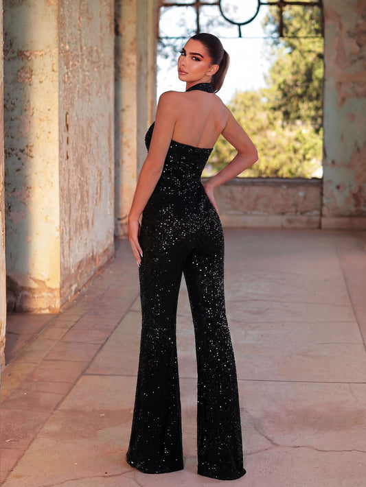 Additional view of Black Halter Sequin Sleeveless Formal Jumpsuit