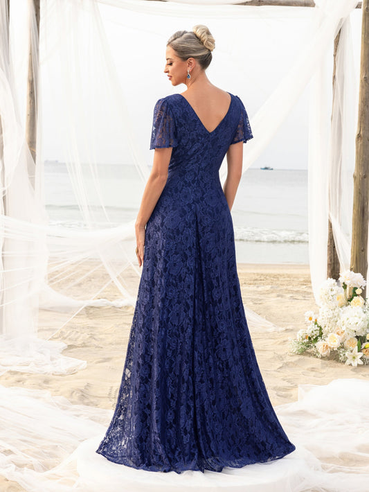 Additional view of Navy Blue V-Neck Lace Floral A-Line Mother of the Bride Dress