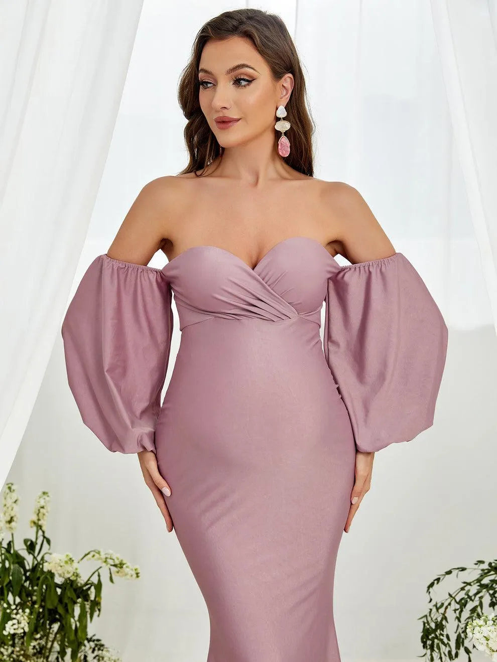 Additional product view of Off-Shoulder Knit Mermaid Long-Sleeve Maxi Maternity Evening Dress