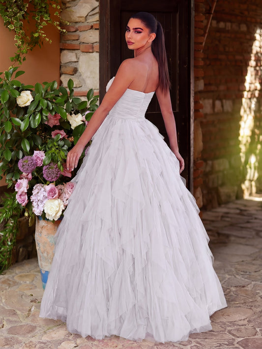 Elegant Strapless Mesh Overlay Formal Party Dress