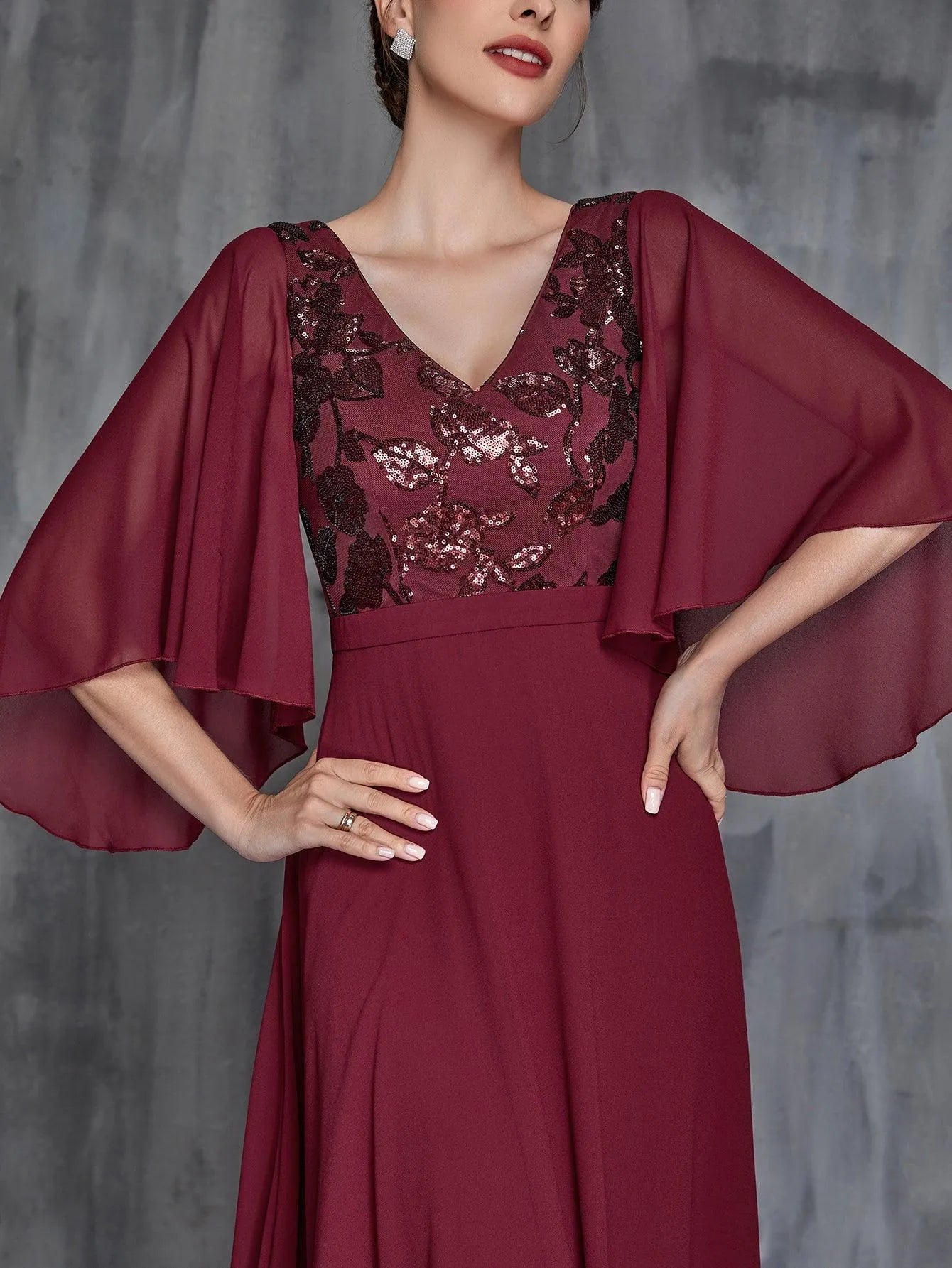 Women's Flounce Sleeve Contrast Sequin Chiffon Dress – view 6