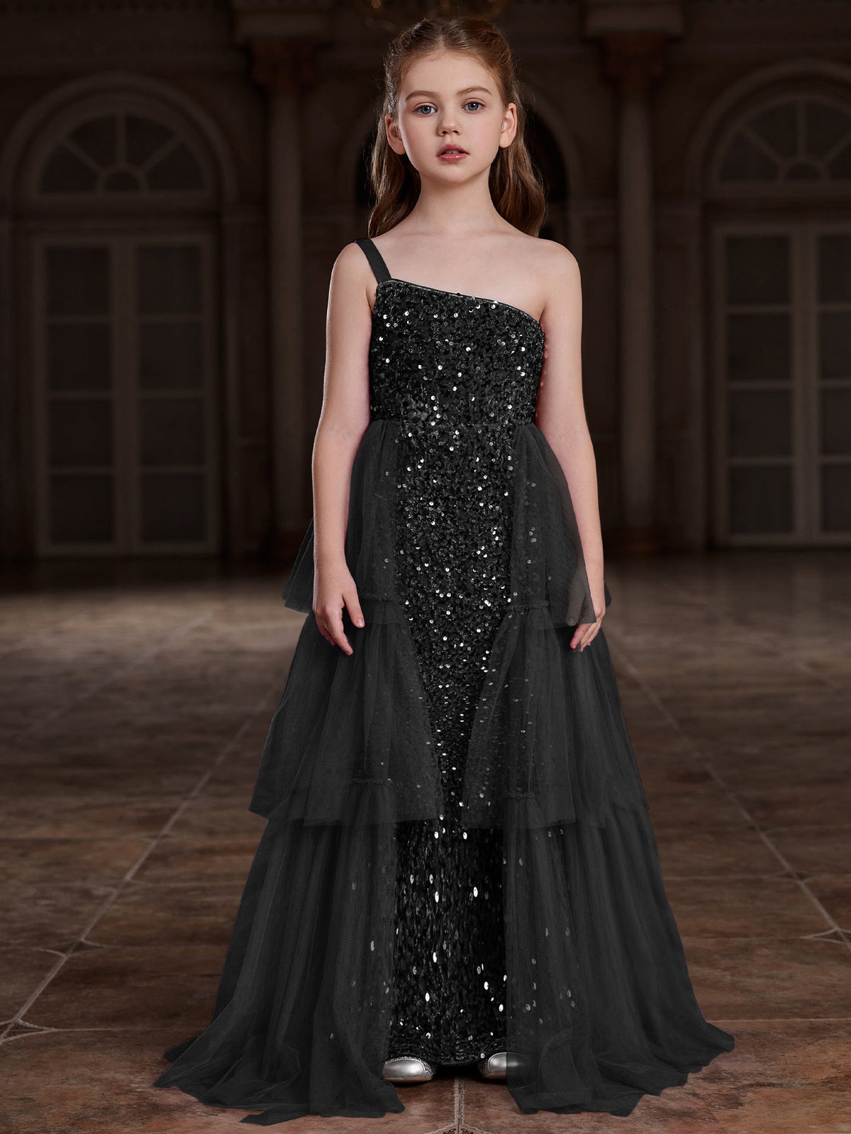 Tween Girls' One-Shoulder Sleeveless Contrast Mesh Sequin Dress — authorized product image 6
