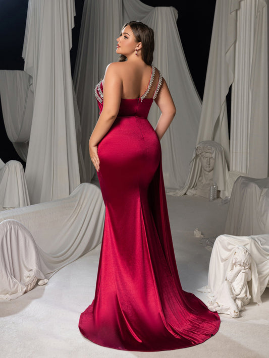 Plus-Size One-Shoulder Satin Rhinestone Sleeveless Mermaid Evening Gown — authorized product image 2