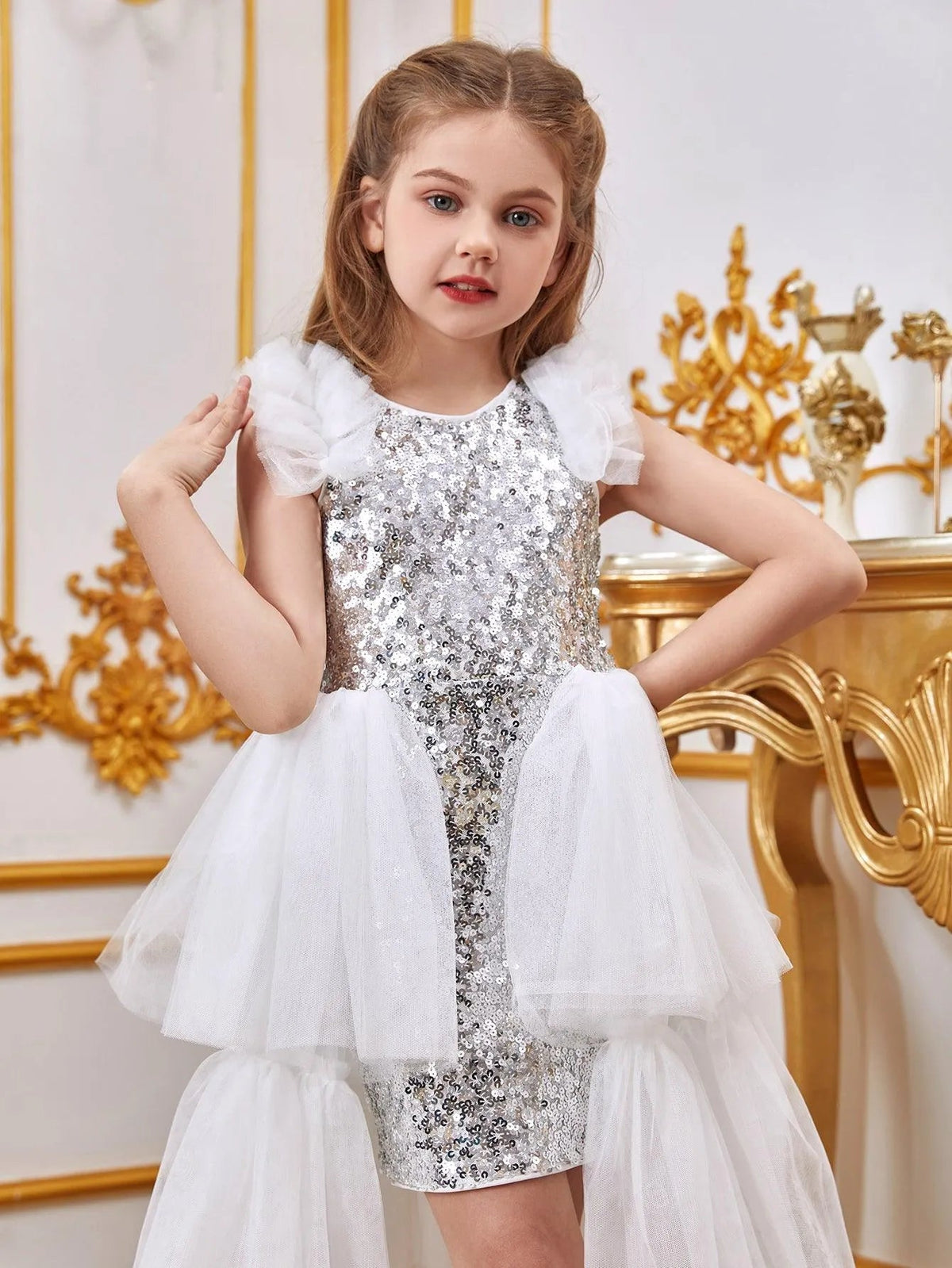 Additional product view of Layered Hem Sequin A-Line Sleeveless Mesh Midi Tween Girls' Party Dress
