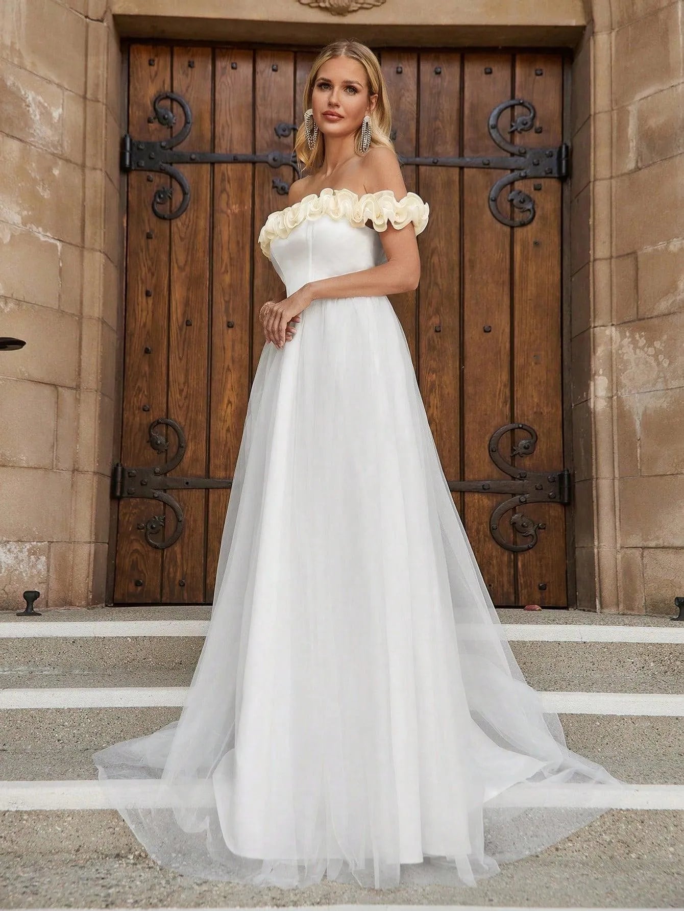 Off-Shoulder Satin Short-Sleeve A-Line Wedding Gown — authorized product image 6