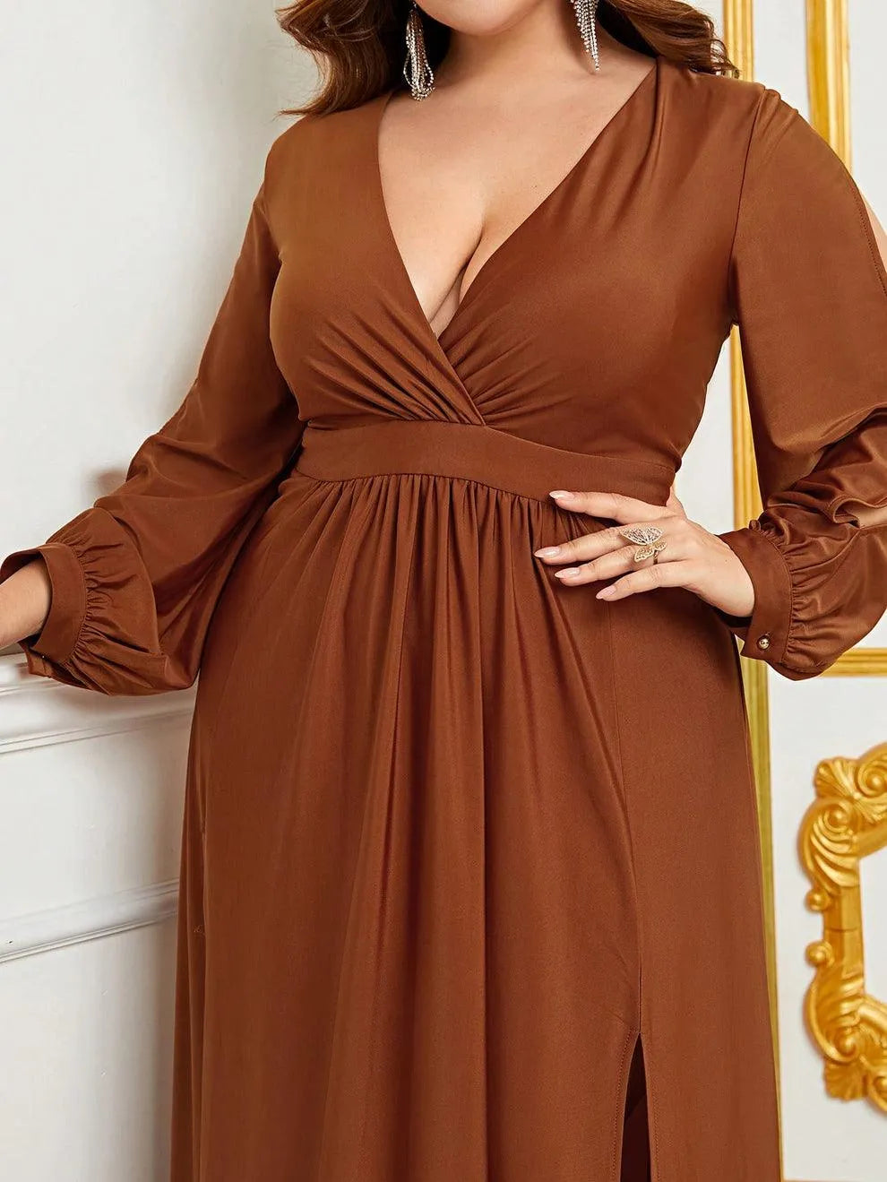 Additional product view of Plunging-Neck High-Slit Plus-Size V-Neck Knit Evening Gown