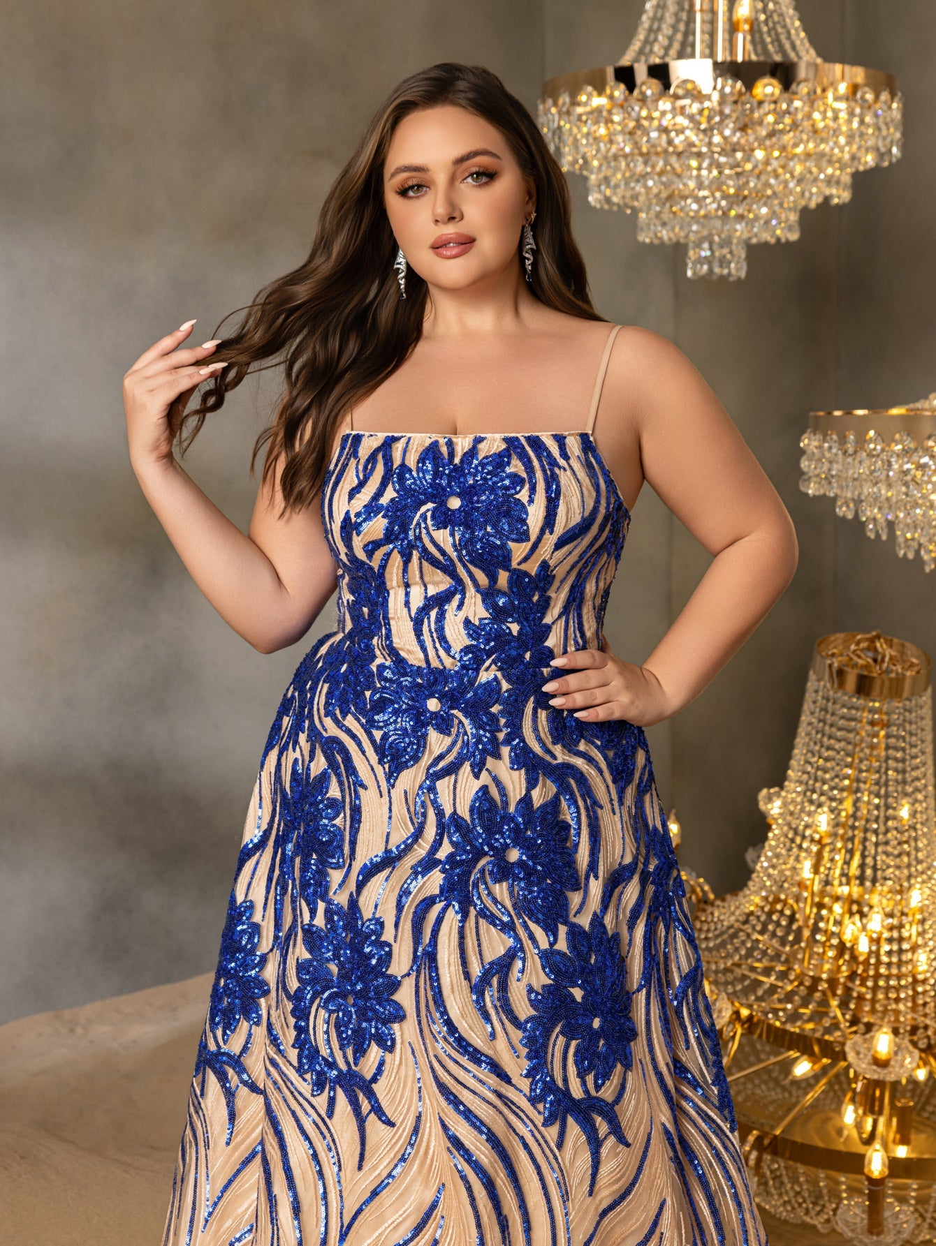 Plus-Size Spaghetti Strap Sequin Sleeveless A-Line Evening Gown — authorized product image 6