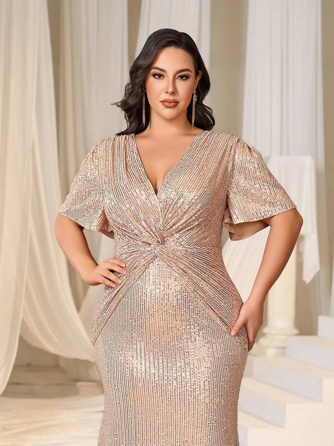 Additional product view of Twist Front Plunging-Neck Plus-Size V-Neck Sequin Evening Gown