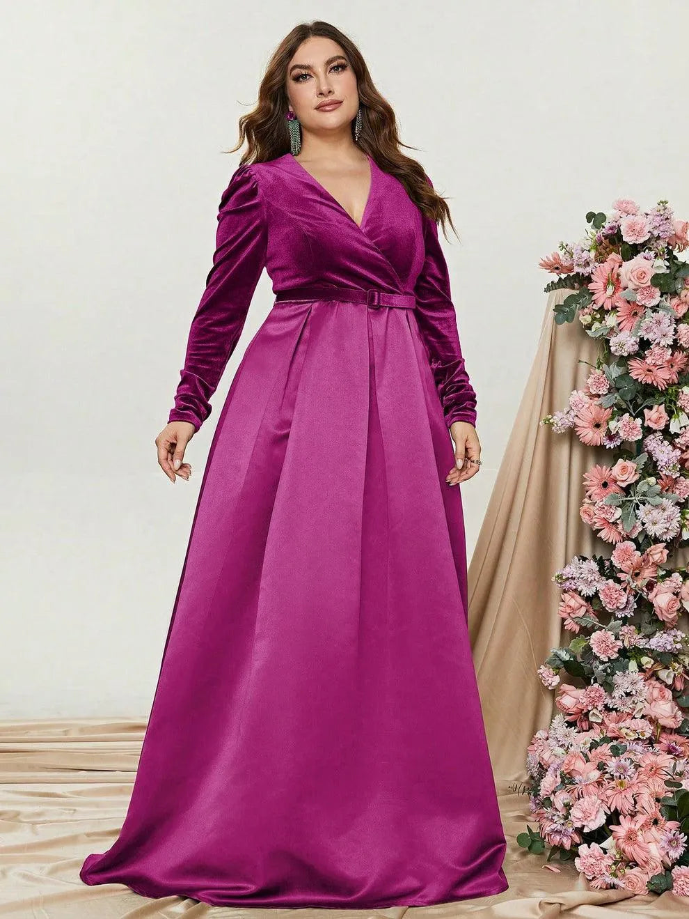Plus V Neck Long Sleeve Belted Satin A Line Dress