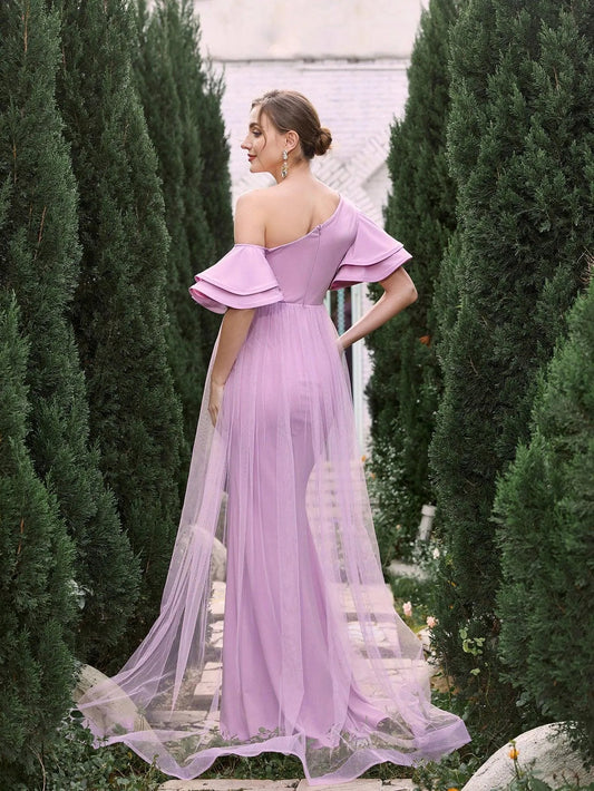 Maternity Asymmetrical Collar Ruffle Sleeves Mermaid Dress – view 2