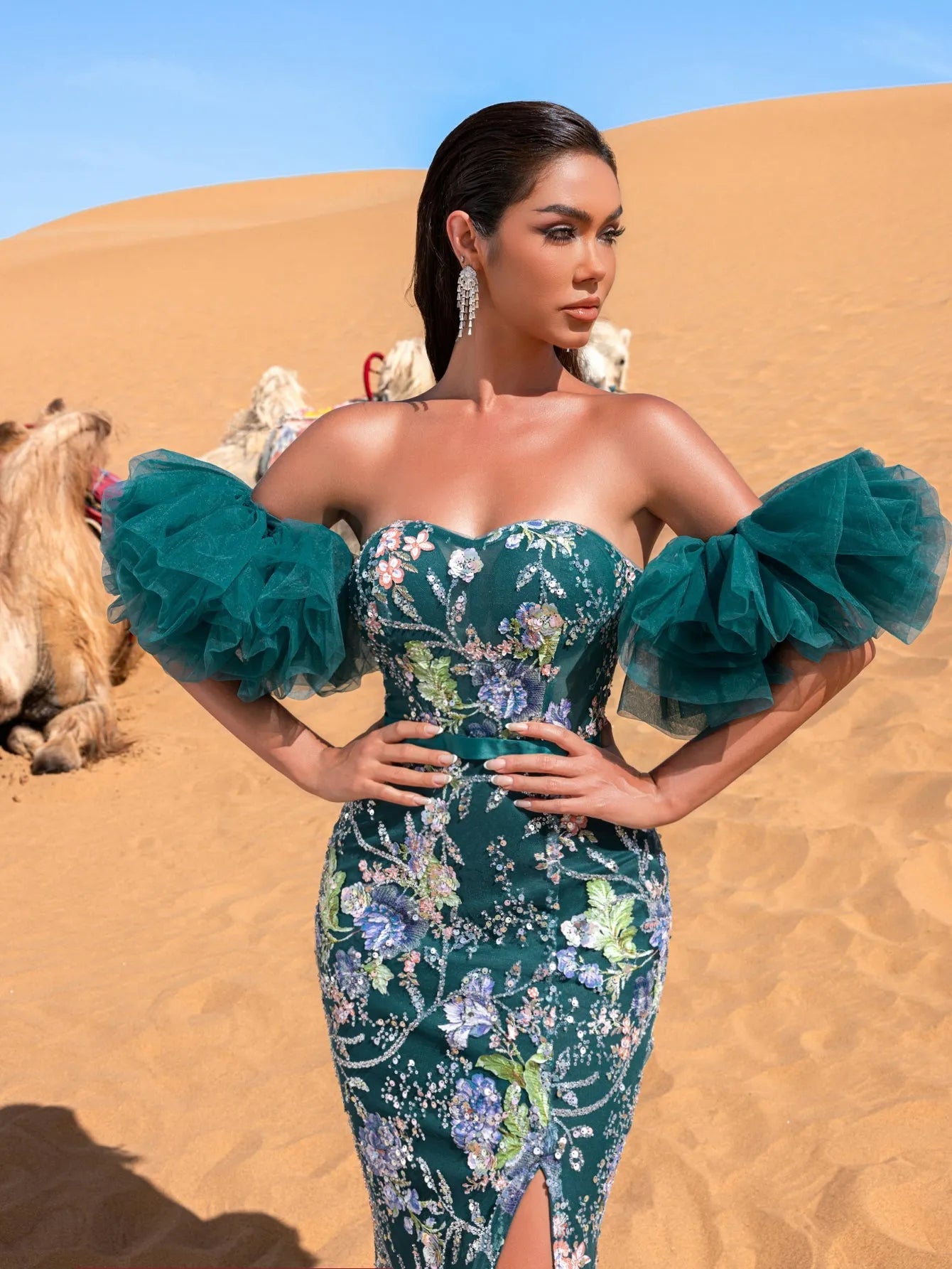 Luxury Strapless Ruffle Sleeve Mermaid Hem Floral Beaded Seuqin Evening Dress — authorized product image 9