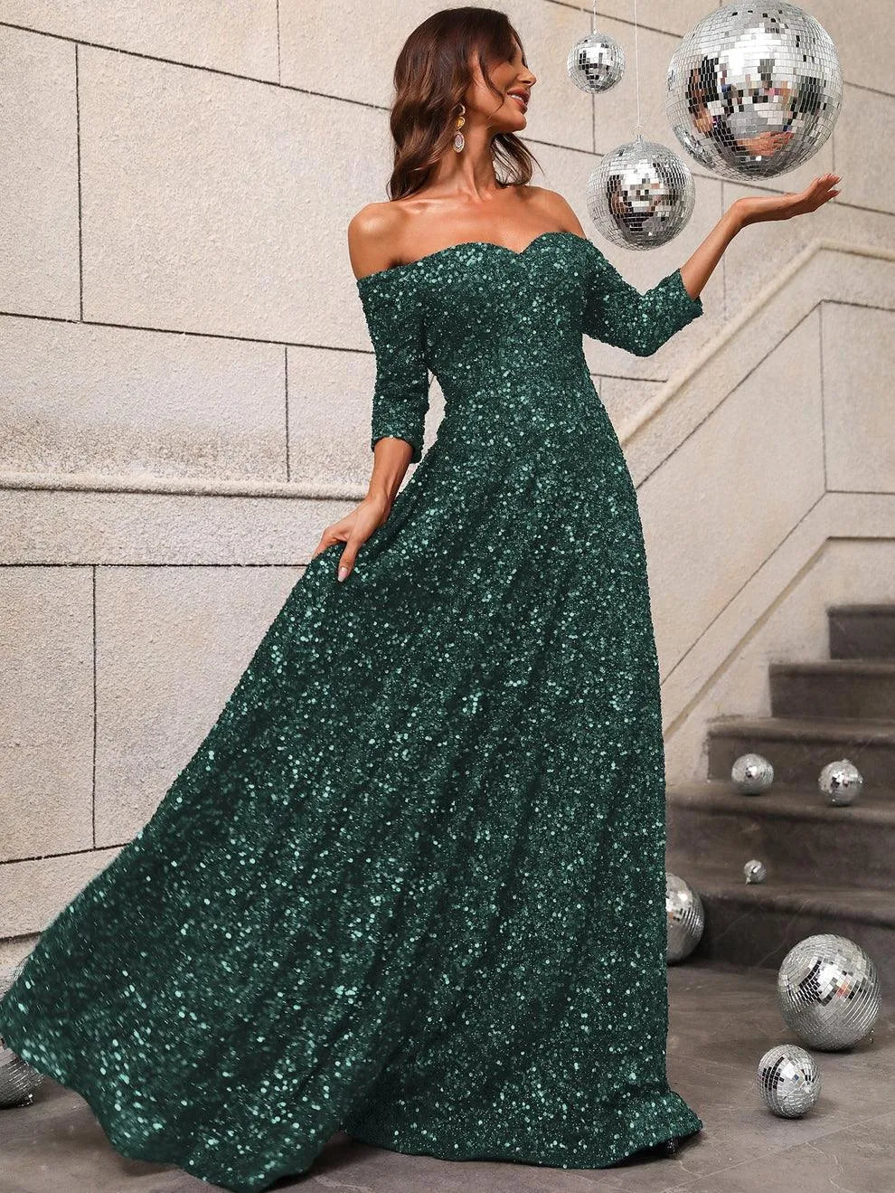 Off Shoulder 3/4 Sleeve Sequin A Line Dress