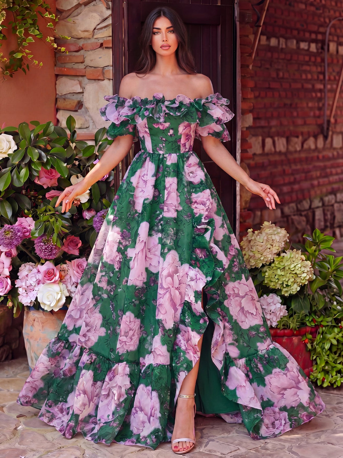 Elegant Ruffle Trim Off Shoulder Floral Organza Prom Dress