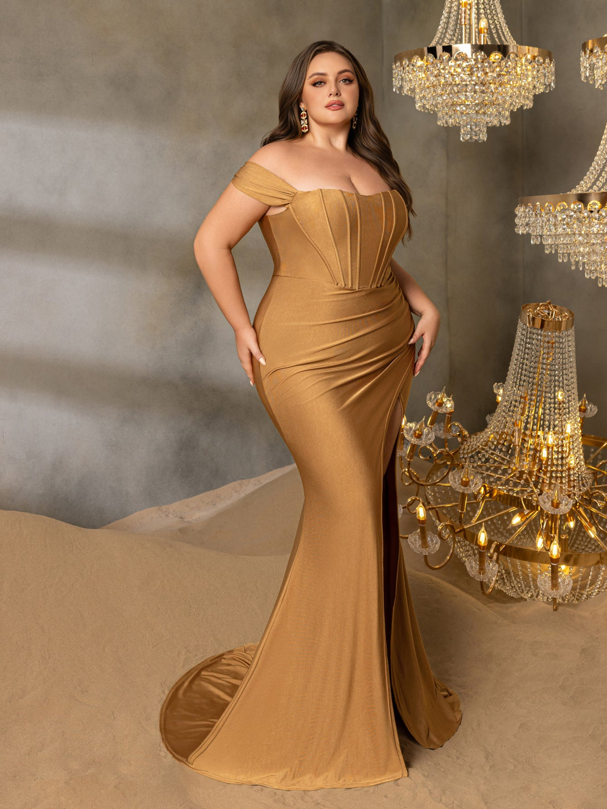 Additional product view of Ruched Wrap Plus-Size Off-Shoulder Knit High-Slit Mermaid Evening Gown