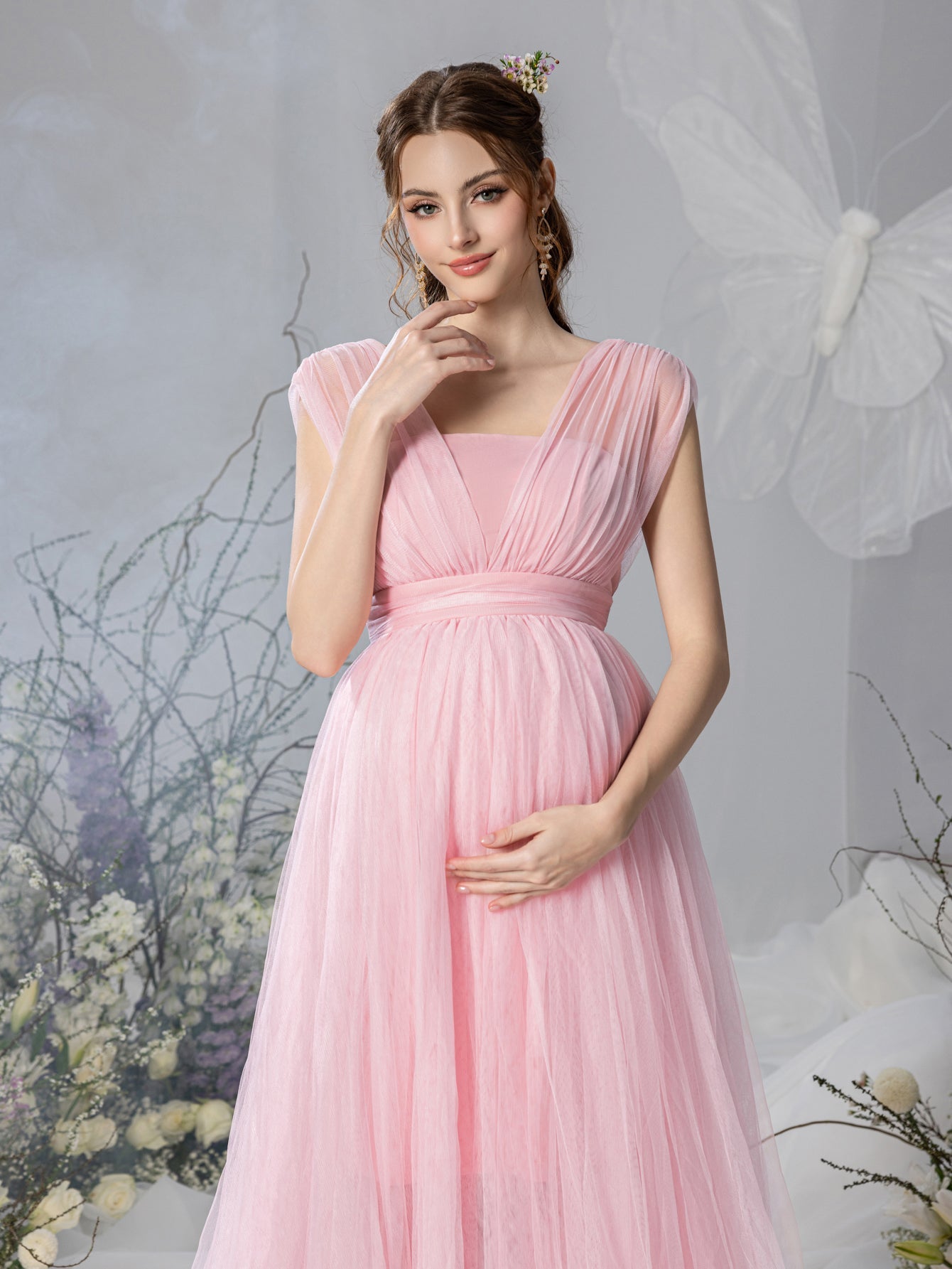 Maternity V-Neck Backless Mesh Party Dress – view 12