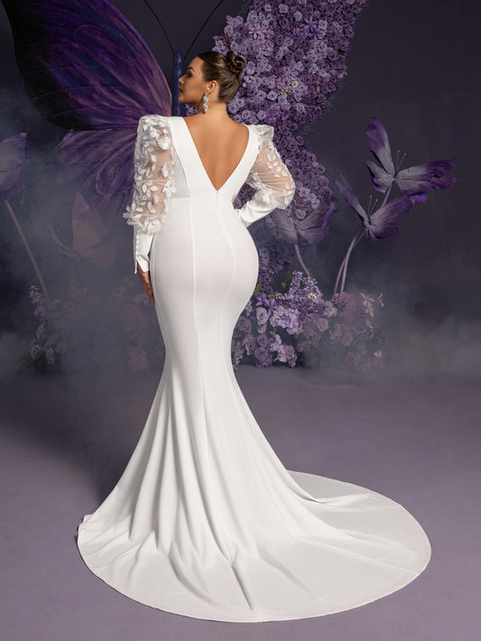 Plus-Size V-Neck Appliqué Long-Sleeve Mermaid Wedding Gown — authorized product image 2