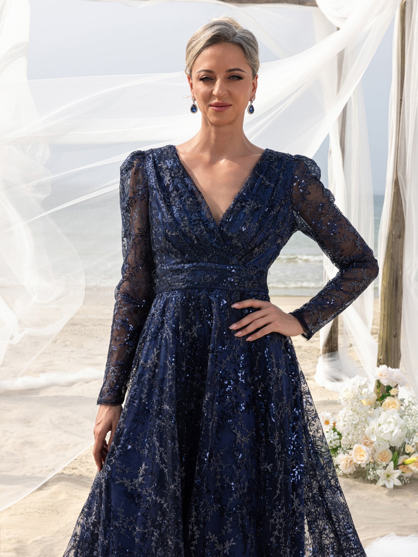 Additional product view of Lace V-Neck Long-Sleeve A-Line Sequin Mother-of-the-Bride Dress