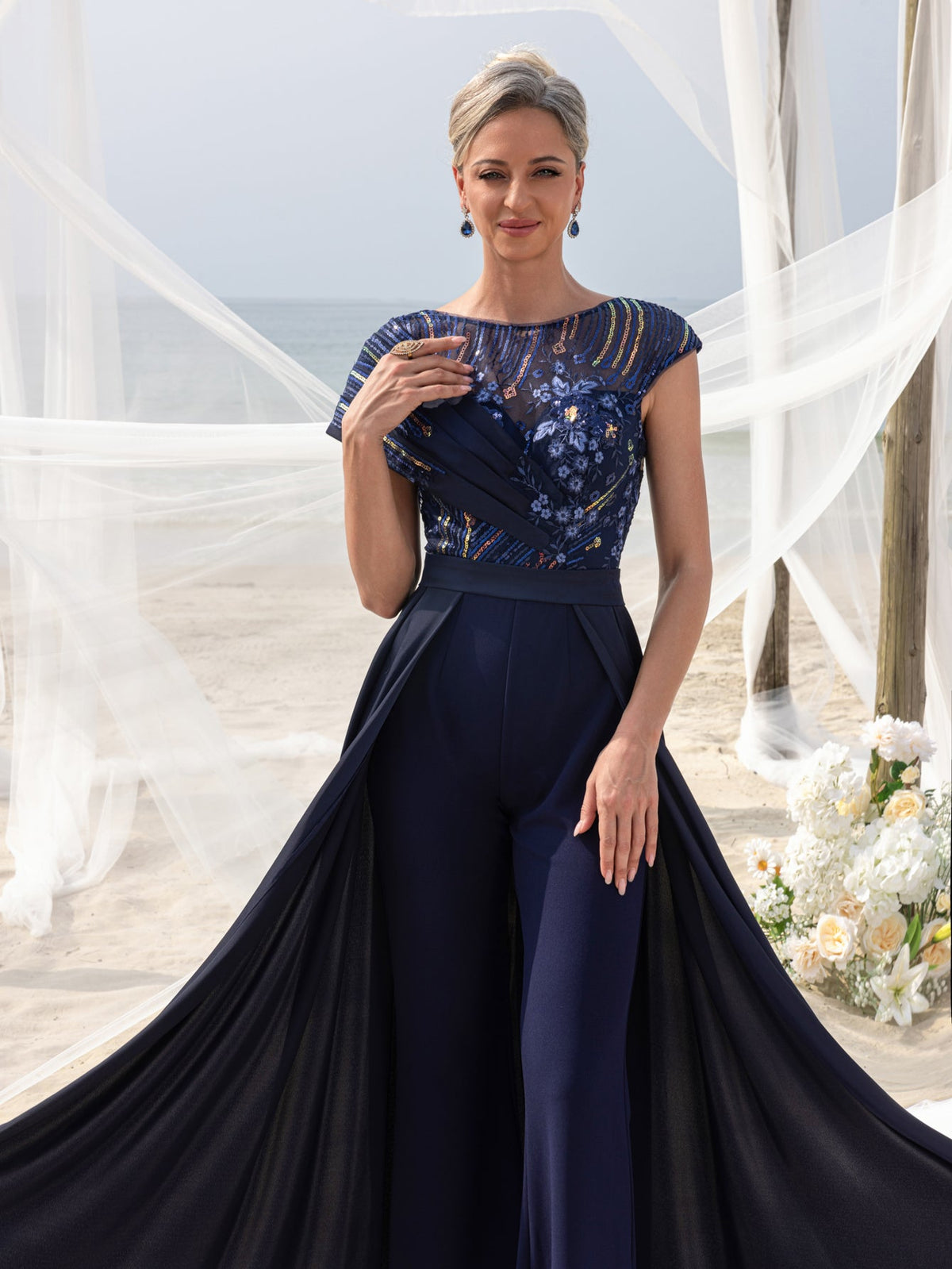 Additional product view of Satin V-Neck A-Line Sequin Maxi Mother-of-the-Bride Dress